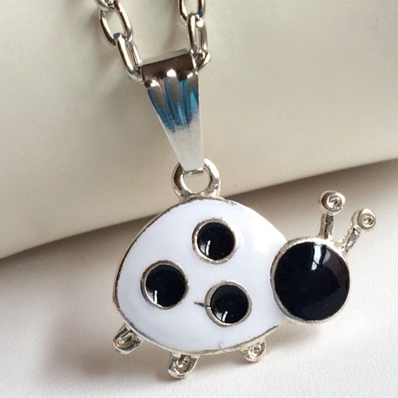 Ladybug Necklace 20" Black White Enamel Insect Beetle Bug Silver Plated - Picture 3 of 11